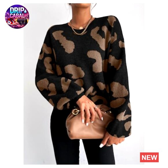 Leopard Print Vintage Knit Pullover Sweater Long Sleeve Crew Neck Casual - Picture 5 of 5